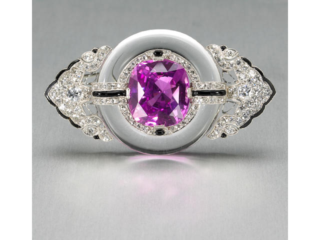 An art deco natural pink sapphire, diamond, rock crystal, black onyx and platinum brooch