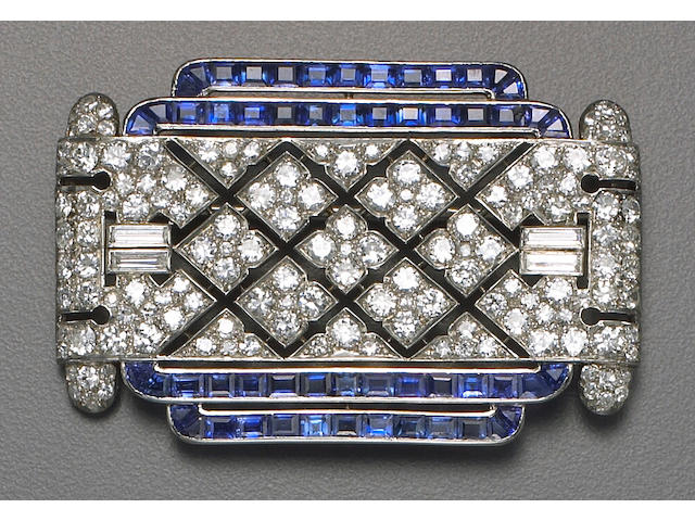 An art deco diamond, sapphire and platinum brooch, Lacloche Fr&#232;res,