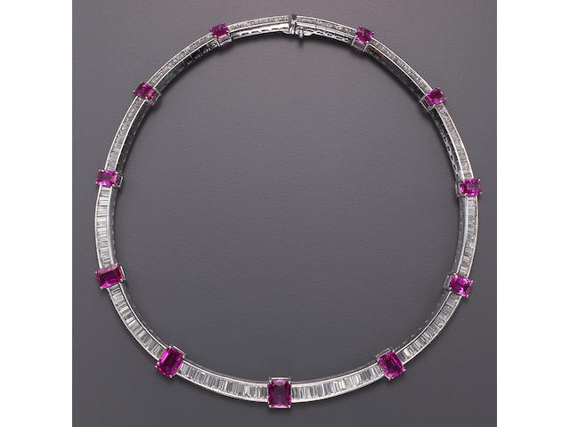 A pink sapphire, diamond and platinum necklace