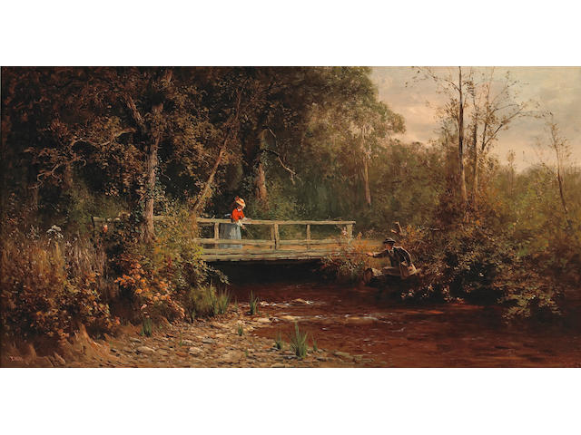 Thomas Hill (1829-1908) Fishing from the Bridge, Lagunitas Creek 18 x 30 1/4in