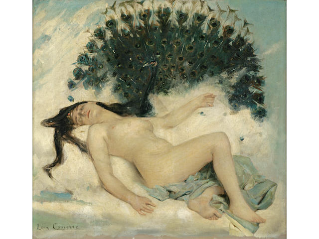 L&#233;on Fran&#231;ois Comerre (French 1850 - 1916) Sleeping Woman with a Peacock 15 x 16 1/4in
