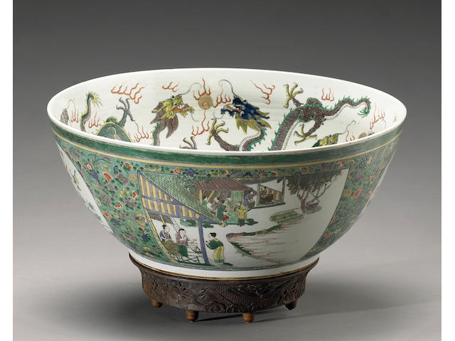 A massive famille verte enameled porcelain punch bowl Late Qing Dynasty