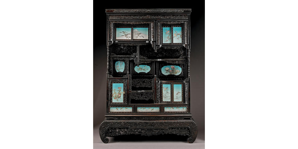 A fine carved and pierced wood shodana inlaid with cloisonne enamel plaques Meiji Period