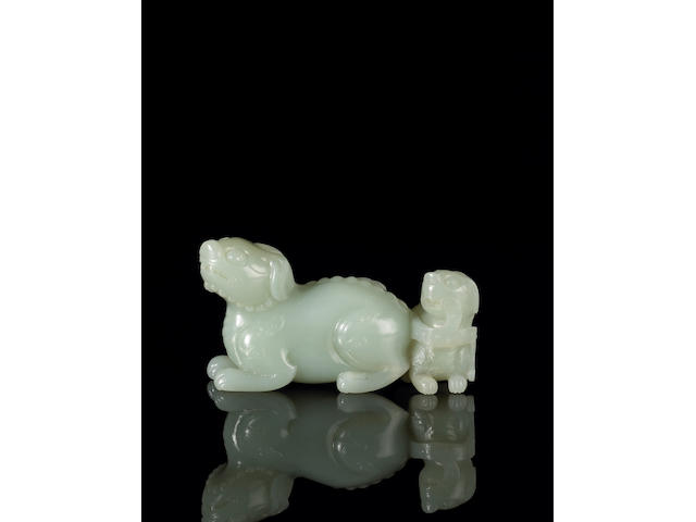 A pale greenish-white jade mythical beasts group 18th Century