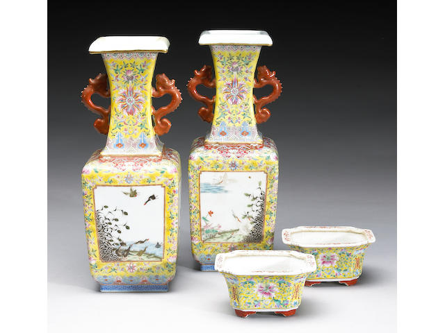 A group of yellow ground enameled porcelains with famille rose decoration