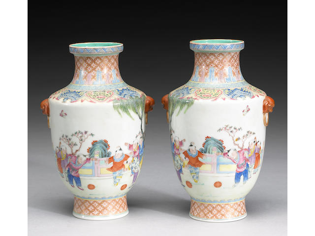 A pair of  famille rose enameled porcelain vases Qianlong Marks, 20th Century