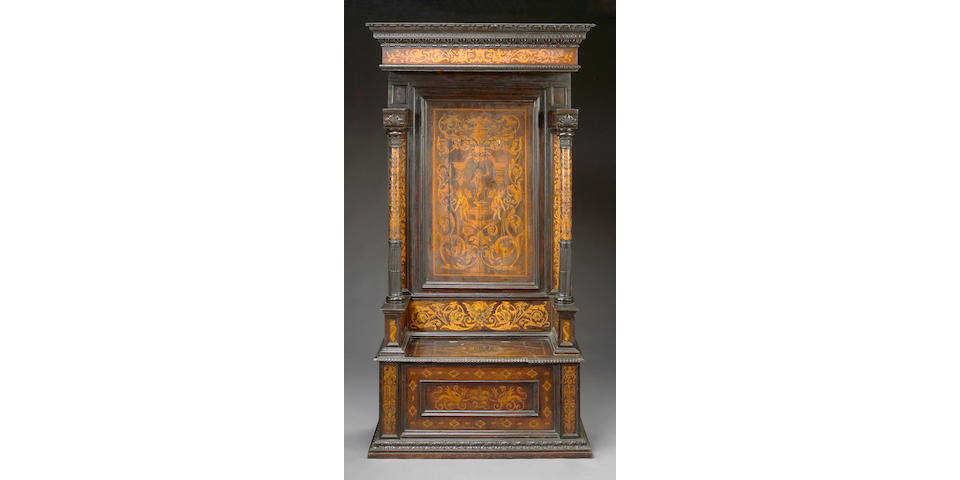 An Italian Baroque style marquetry inlaid throne chair