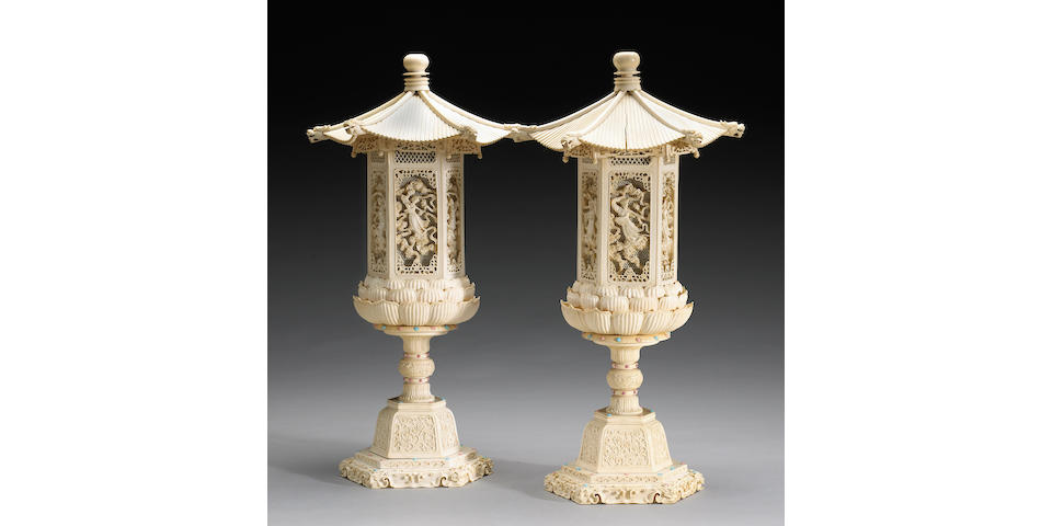 A pair of carved and pieced ivory hexagonal lanterns