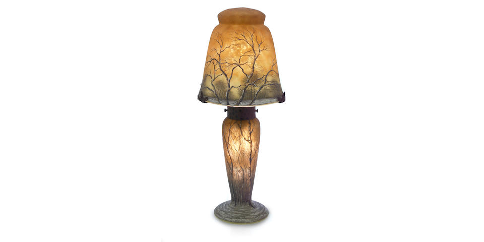 A Daum Nancy enameled cameo glass winter landscape lamp