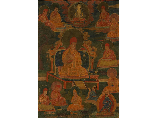Two Tibetan paintings of enthroned gurus 19th Century