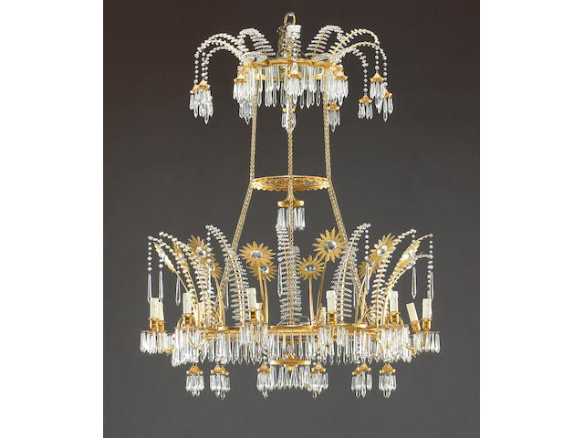A very fine Russian Neoclassical gilt bronze and glass twelve light chandelier