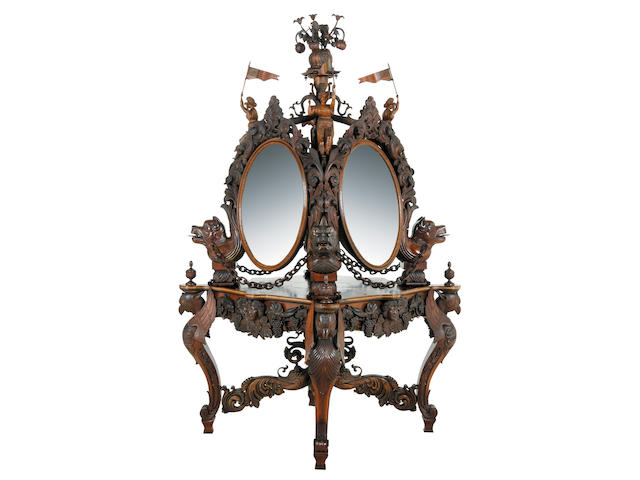 An American carved rosewood and marquetry center dressing stand