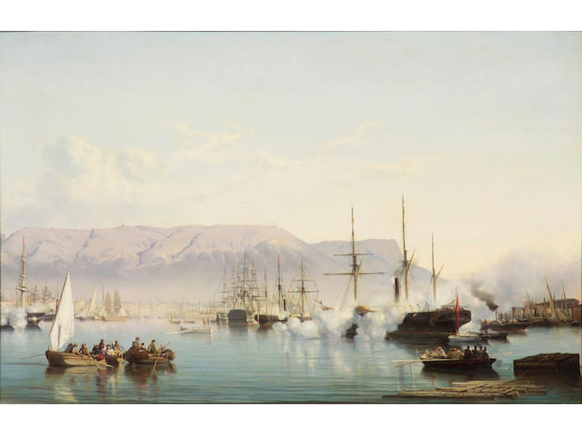 Vincent Joseph Fran&#231;ois Courdouan (French, 1810-1893) Arrival into the Bay of Toulon 32 1/4 x 49 1/2in (81.8 x 125.7cm)