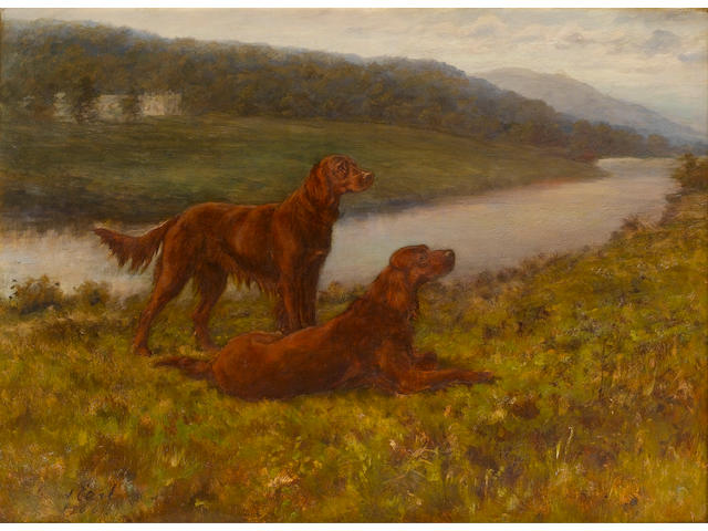Maud Earl (British, 1863-1943) Irish Setters in a landscape
