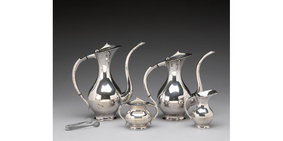 Japanese Silver Four Piece Tea and Coffee Set with Tongs in Case