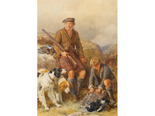 James Hardy Jnr. (British, 1832-1889) Ghillie with dogs and game