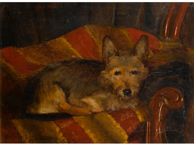 Sir John Lavery R.A., R.S.A., R.H.A. (1856-1941) Dog on a chair 16 x 21 3/4 in. (40.5 x 55 cm.)