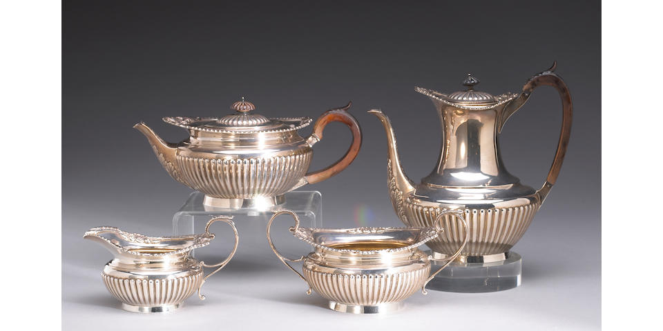 Victorian Silver and Wood Four Piece Tea and Coffee Set After the Antique by Barnard