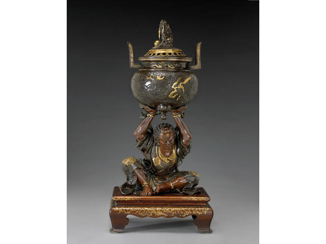 A fine mixed metal figure of Benkei holding a koro By Miyao (workshop of Miyao Eisuke of Yokohama), Meiji Period