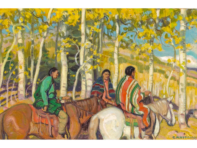 Ernest Martin Hennings (American, 1886-1956) Indian Horsemen 7 3/4 x 10 3/4in