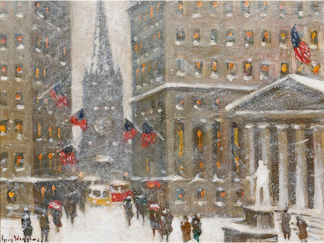 Guy Carleton Wiggins (American, 1883-1962) The Financial District, New York Winter 12 x 16in