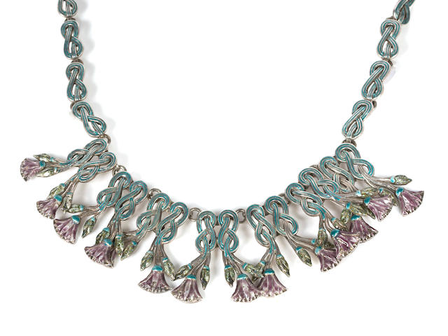 A silver and enamel floral and knot motif necklace, Margot