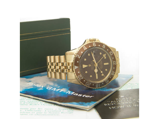 Rolex. A fine 18k gold self-winding dual time-zone bracelet watch with presentation caseOyster Perpetual GMT Master, Ref.1675, Case No.2611114, made in 1969