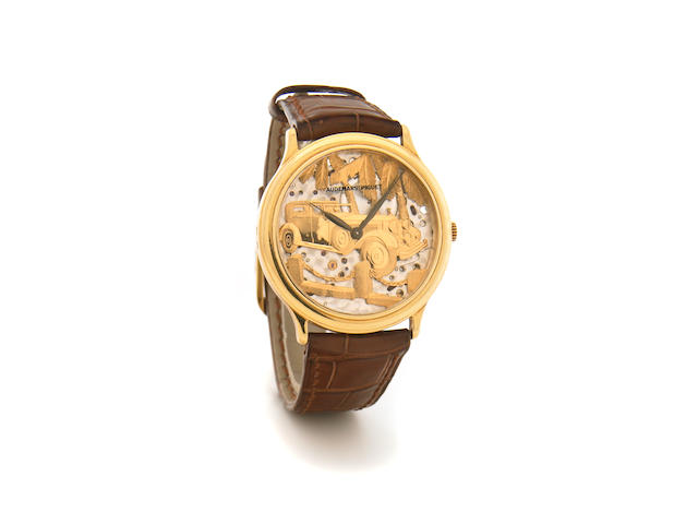 Audemars Piguet. A fine and rare 18k gold self-winding wristwatch with semi-skeletonized dial depicting a Rolls Royce motor car'Rolls Royce Phantom II', made in the 1990s