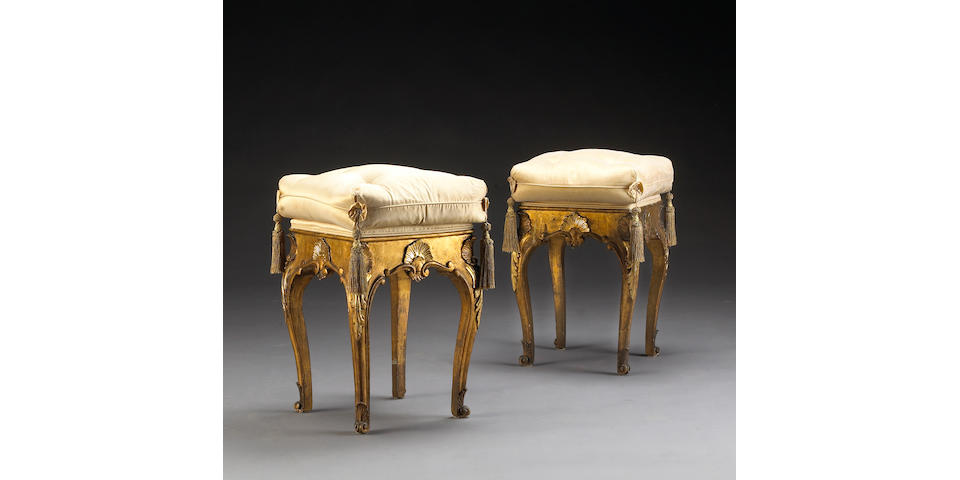 A pair of Louis XV style giltwood tabourets