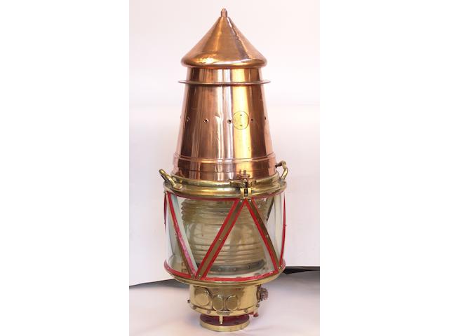 A large copper and brass lighthouse beacon 20th century, 48in (120cm) high