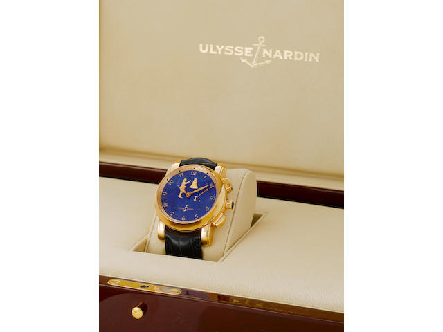 Ulysse Nardin. A very fine and rare 18k gold automatic hour repeating wristwatch with automaton Jack striking hours and half hours, together with fitted box and papersHour Striker, No.10, Recent