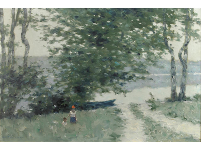 Andr&#233; Gisson (American, 1921-2003) Mother and Child by a River 24 x 36in