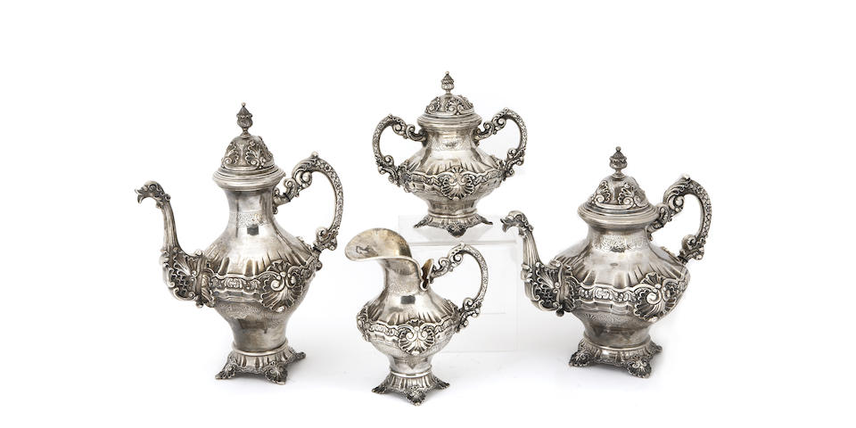 Portuguese Silver Four Piece Coffee and Tea Service After the Antique