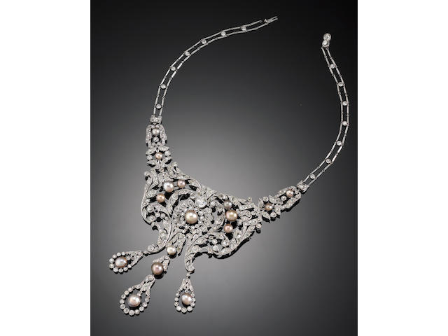 A fine belle &#233;poque diamond and natural pearl necklace, Dreicer & Co,
