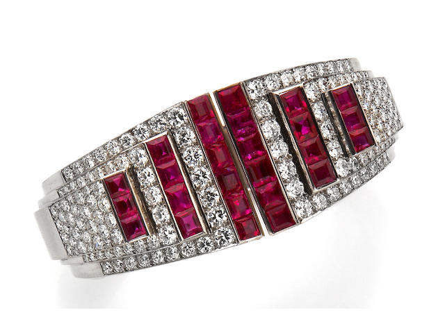A retro ruby and diamond bangle bracelet, Cartier,
