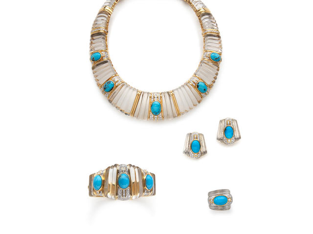 A suite of turquoise, rock crystal and diamond jewelry