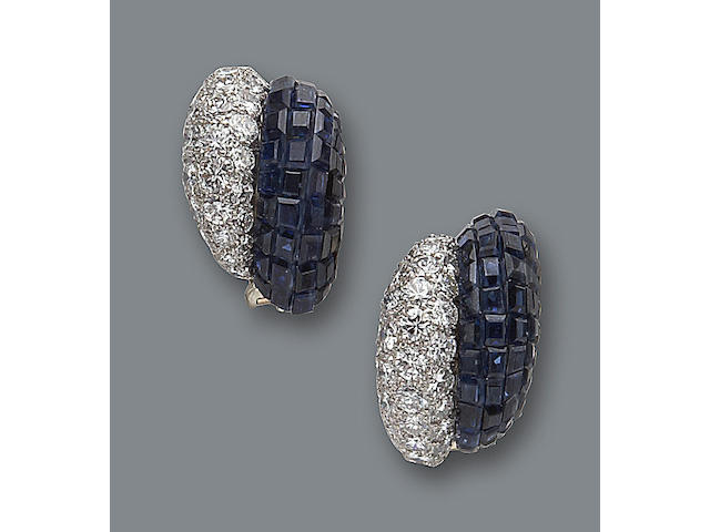 A pair of sapphire and diamond earclips, Van Cleef & Arpels