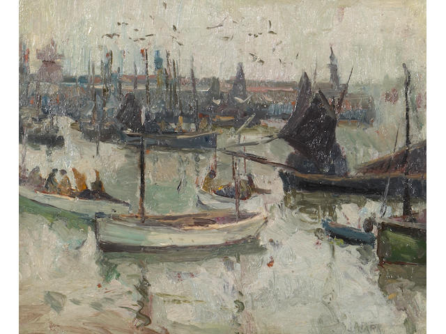 John Anthony Park (British, 1880-1962) Boats in a harbor 8 x 10in