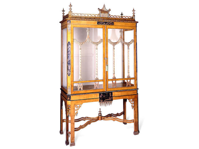A George III style fruitwood and chinoiserie vitrine cabinet