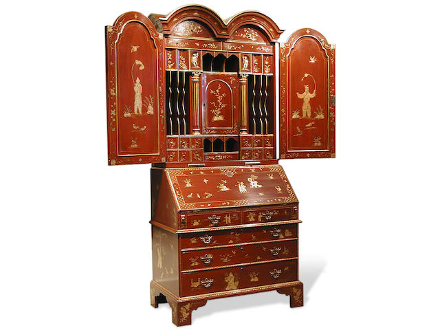 A George I style red and gold lacquered bureau bookcase