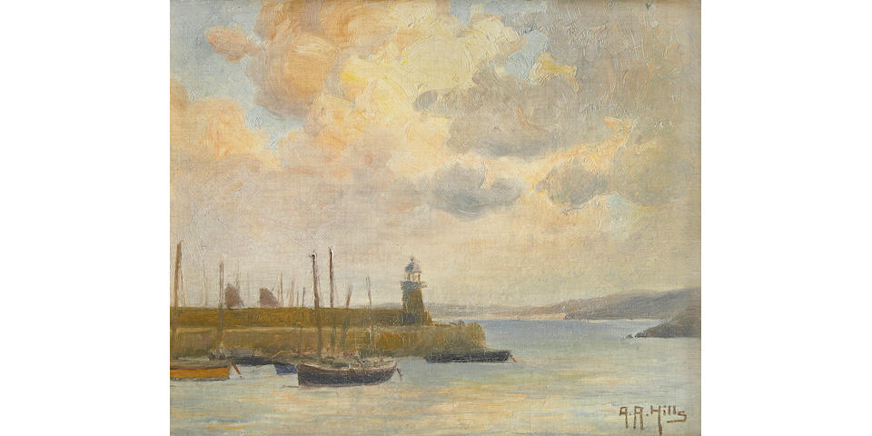 Anna Althea Hills (American, 1882-1930) Harbor with a Lighthouse and Boats 9 5/8 x 12in