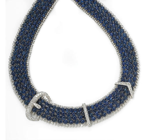 A sapphire and diamond buckle motif necklace