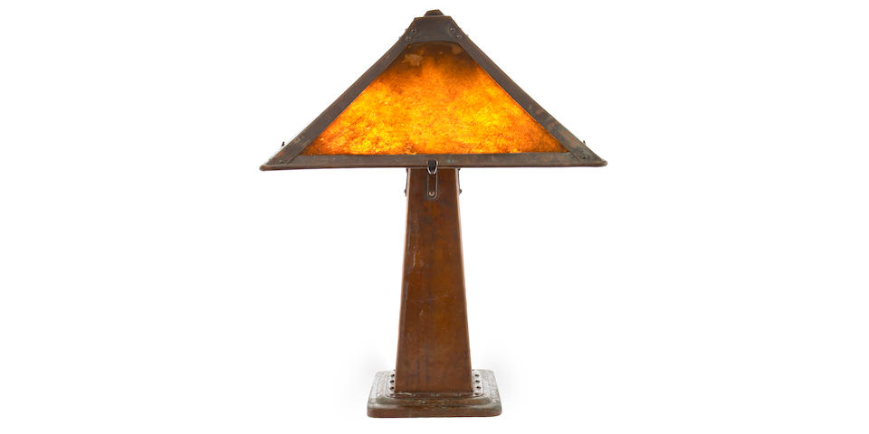 A Dirk Van Erp hammered copper and mica lamp
