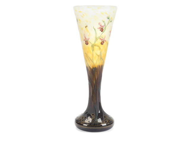 A Daum Nancy gilt decorated enameled cameo glass large vase  circa 1900