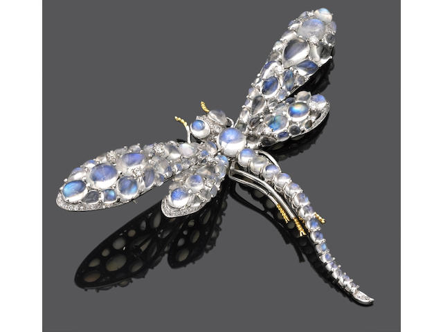 A moonstone and diamond dragonfly brooch-pendant