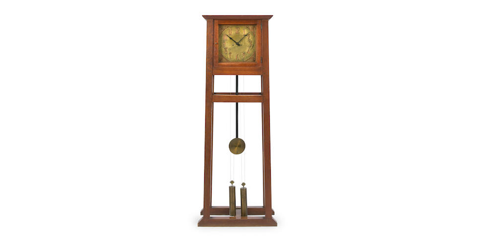 A rare Gustav Stickley oak and copper tall case clock