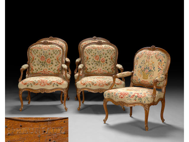 A set of five Louis XV carved walnut and needlepoint upholstered fauteuils &#224; la reine  Nicolas Heurtaut third quarter 18th century