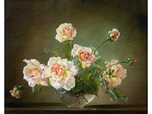 Cecil Kennedy (British, 1905-1997) 'Madame Butterfly' roses in a glass vase 16 1/8 x 20in