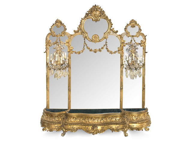 An imposing Napoleon III carved giltwood and gesso hall mirror and associated jardini&#232;re  third quarter 19th century