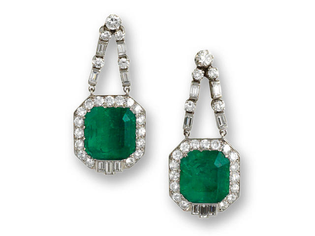 A pair of Colombian emerald and diamond pendant earrings